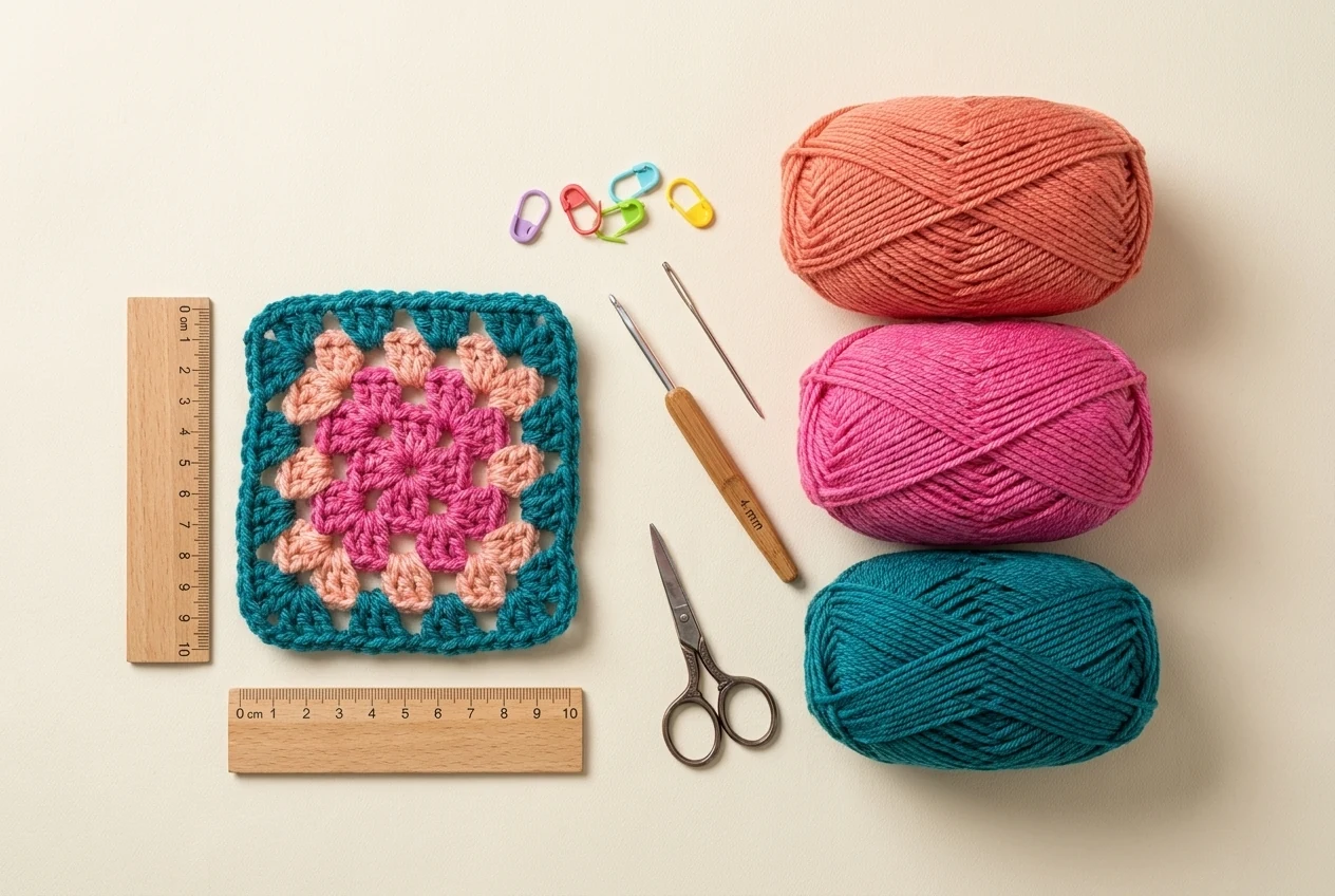 Materials for the multi-coloured granny square pattern with three yarn colours 4 mm hook ruler tools and finished square