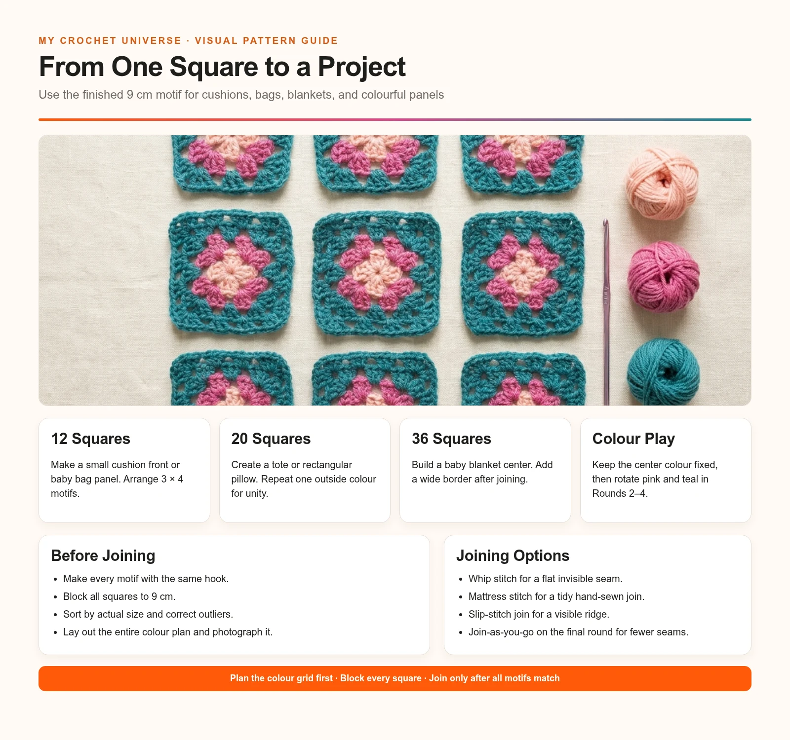 Project quantity layout blocking and joining ideas for the multi-coloured granny square pattern