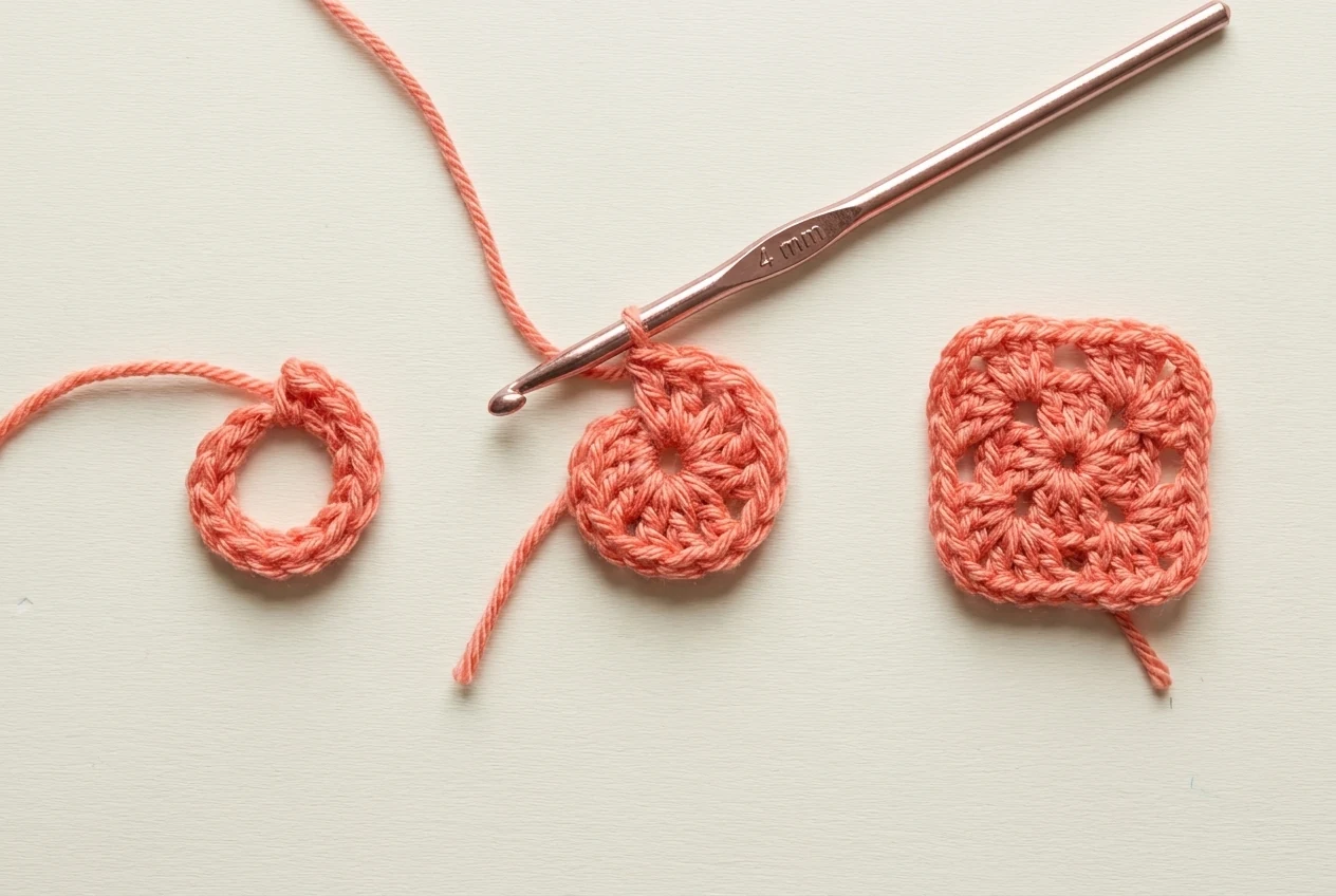 Round 1 checkpoints for the multi-coloured granny square pattern from five-chain ring to four salmon clusters