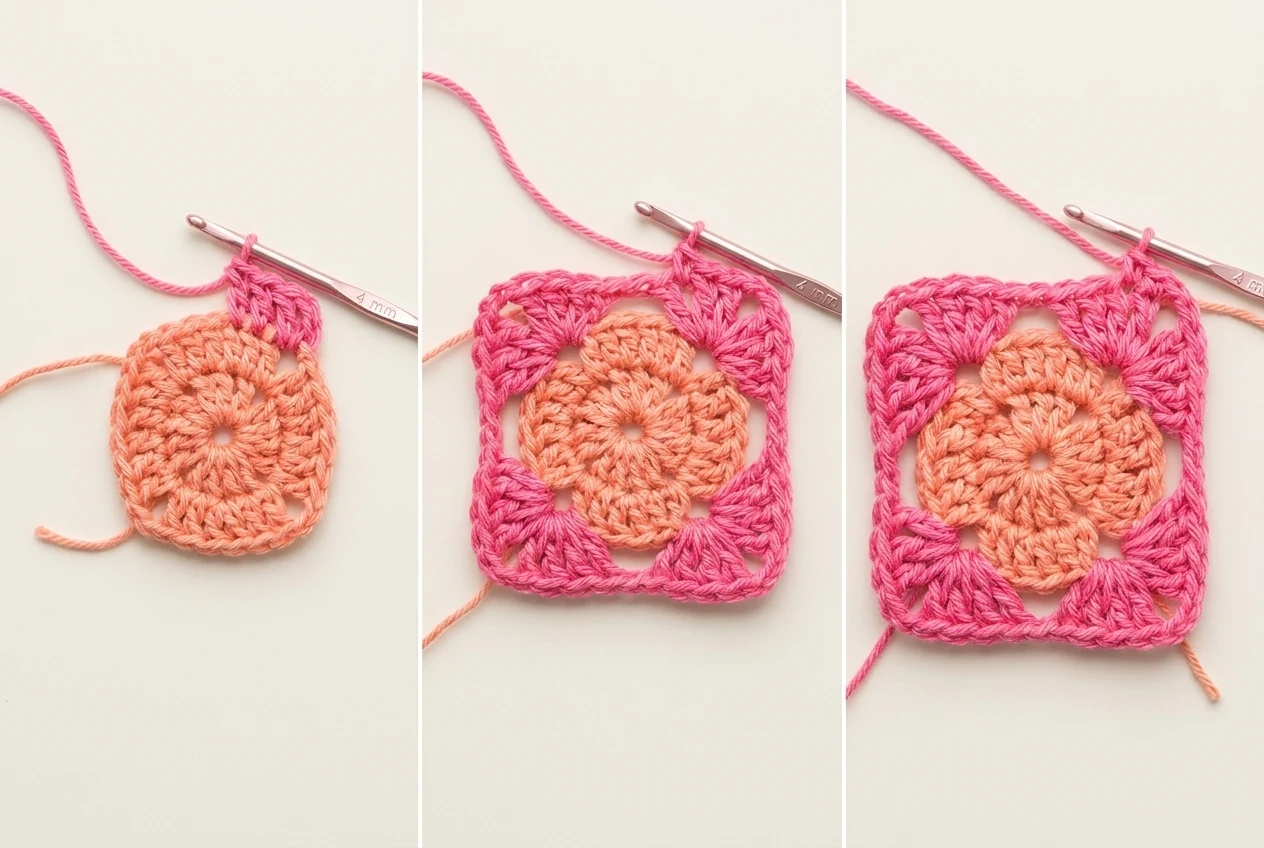 Round 2 tutorial for the multi-coloured granny square pattern showing flamingo-pink corner clusters around the salmon center
