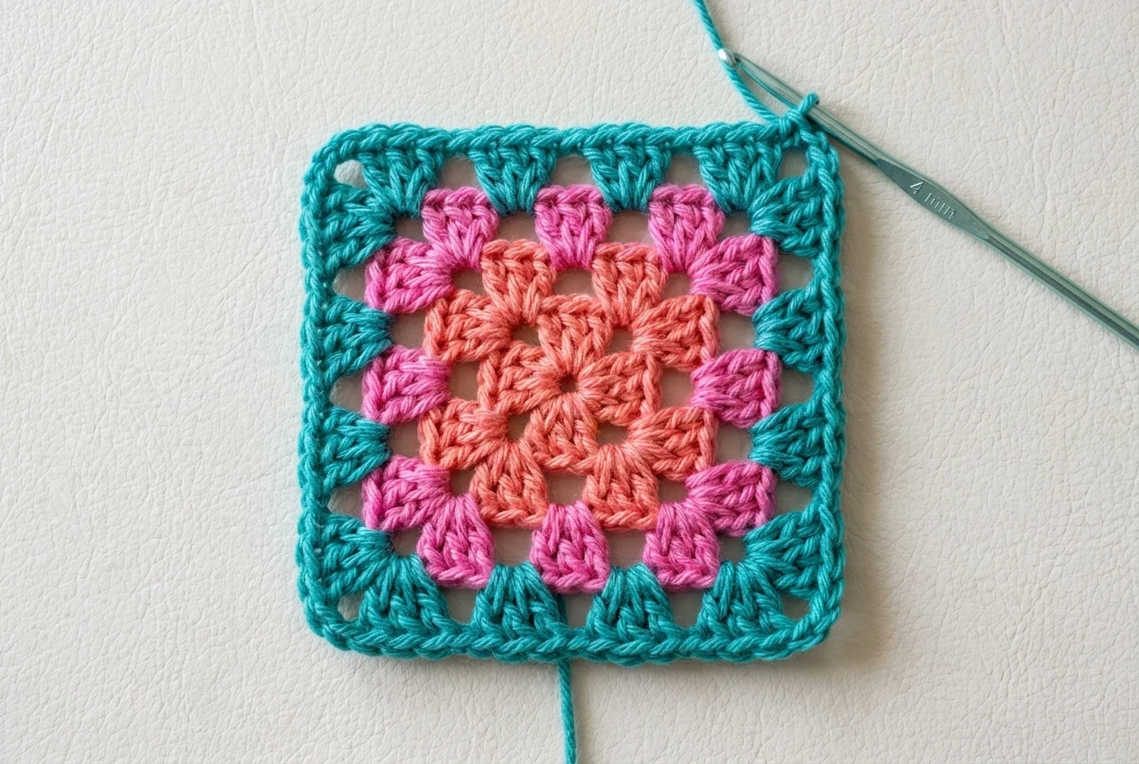 Round 3 of the multi-coloured granny square pattern with teal corners and one teal side cluster on every side