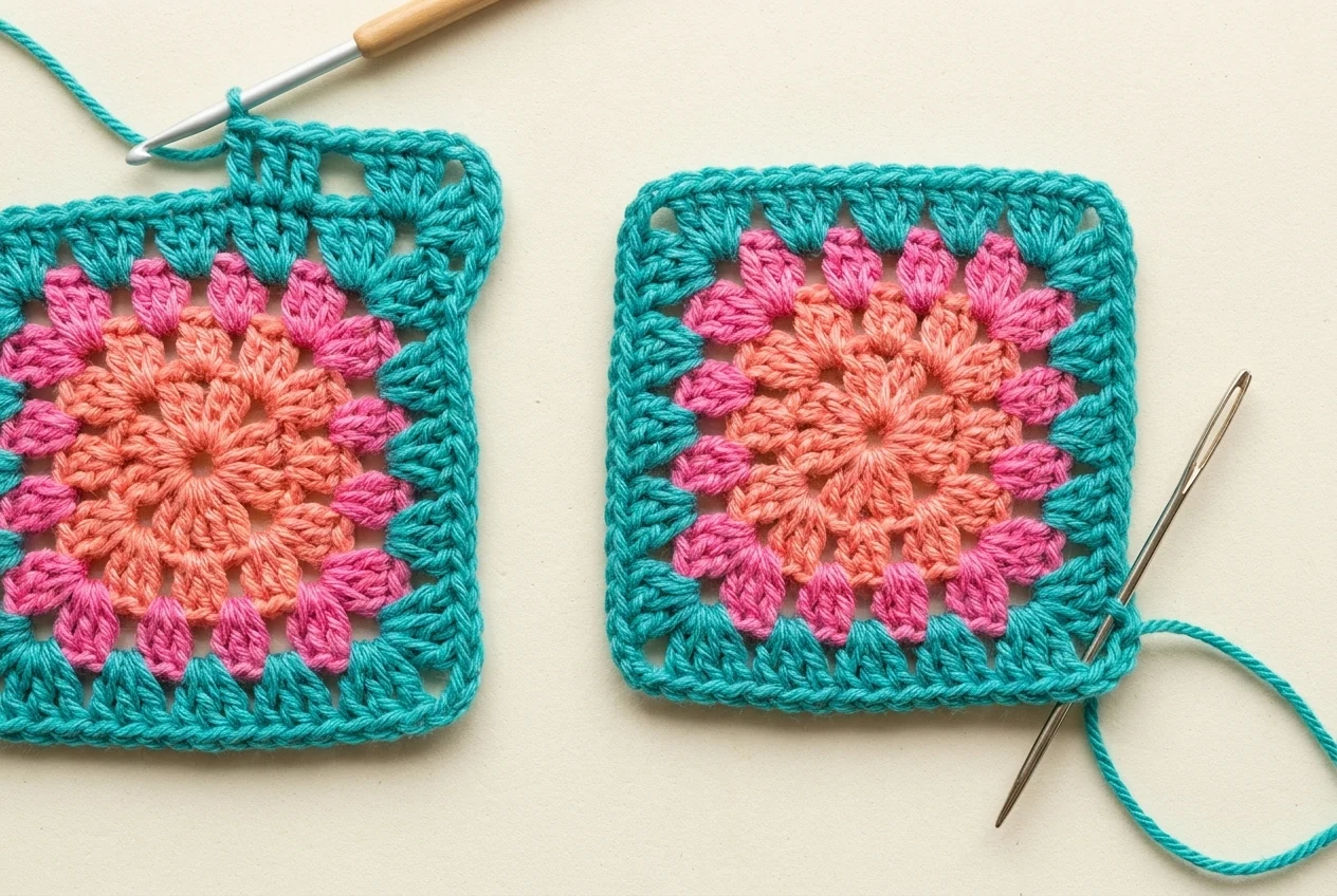 Round 4 and finishing for the multi-coloured granny square pattern showing the teal border blocked square and woven tail