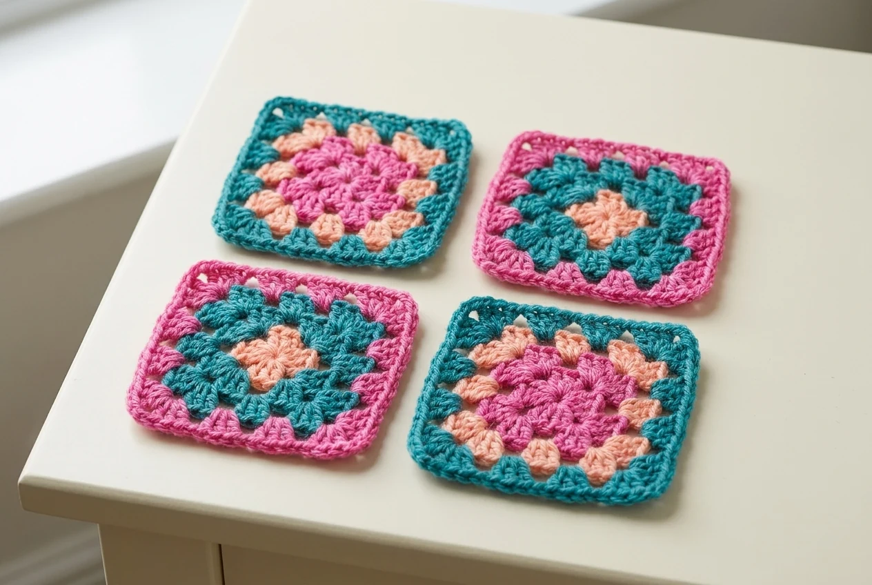 Four completed colour variations based on the multi-coloured granny square pattern