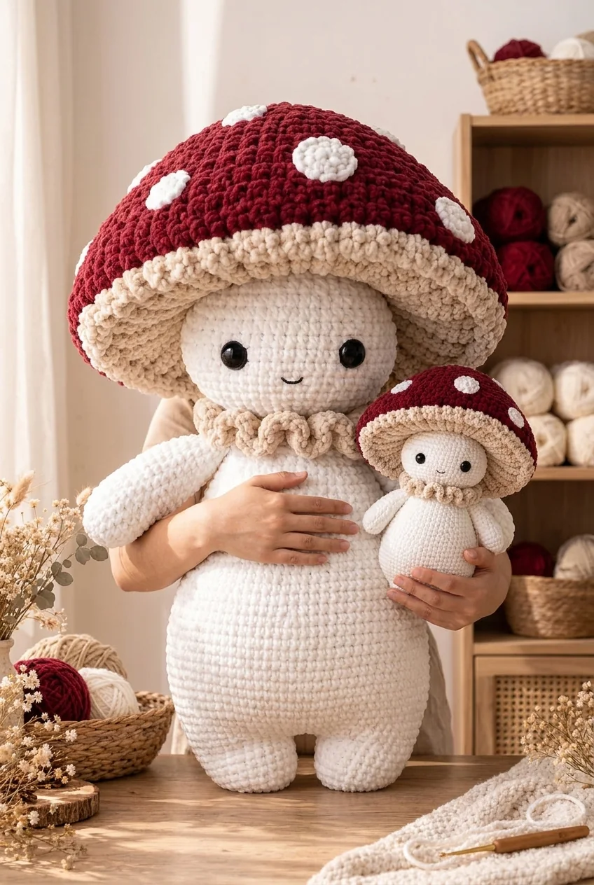 giant crochet mushroom next to the original 15 cm doll