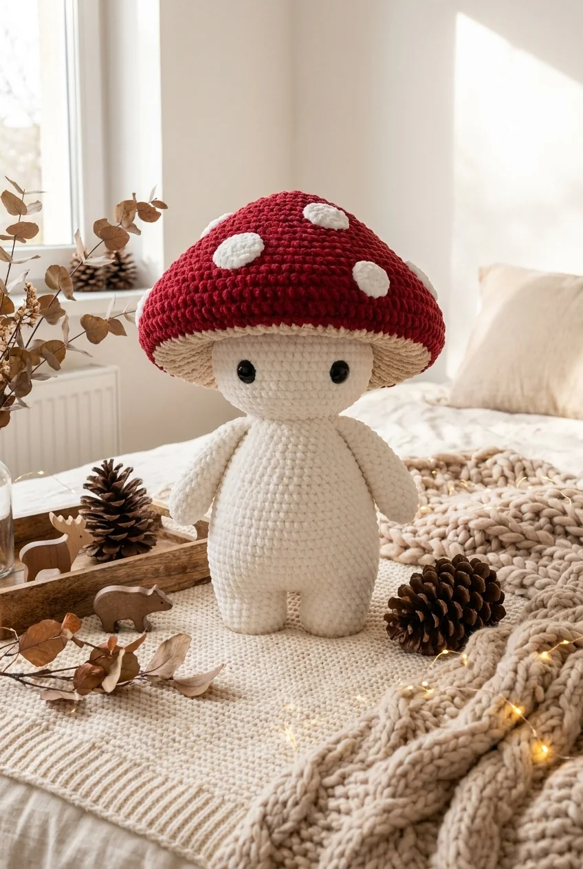 finished giant crochet mushroom styled as room decor
