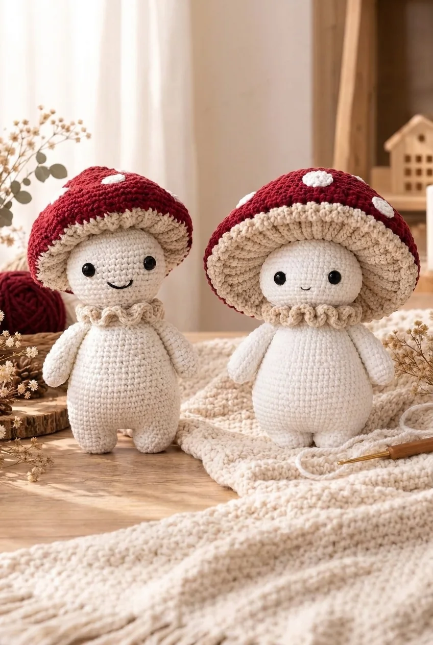 amigurumi mistakes before and after on a mushroom doll