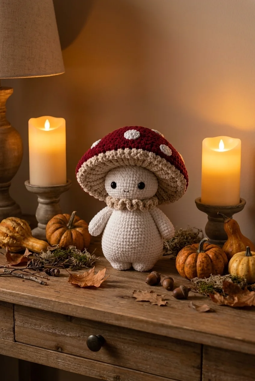 finished halloween crochet doll styled on an entry table