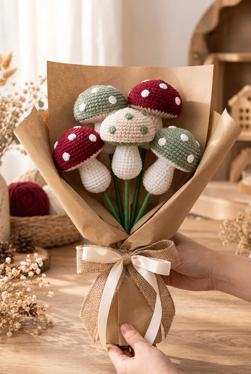 crochet mushroom bouquet wrapped in kraft paper