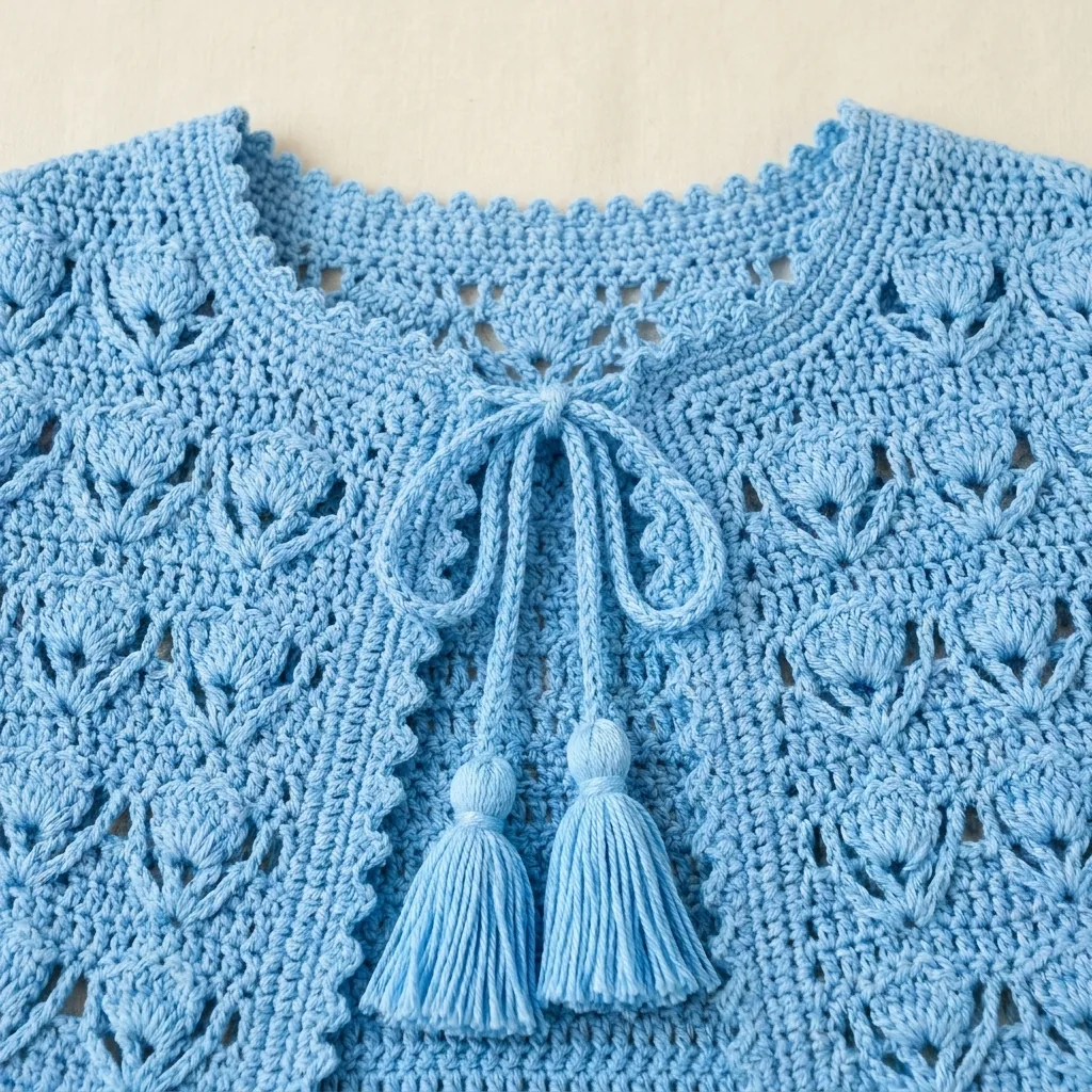 Professional close-up of newly generated crochet neckline and tassel tie