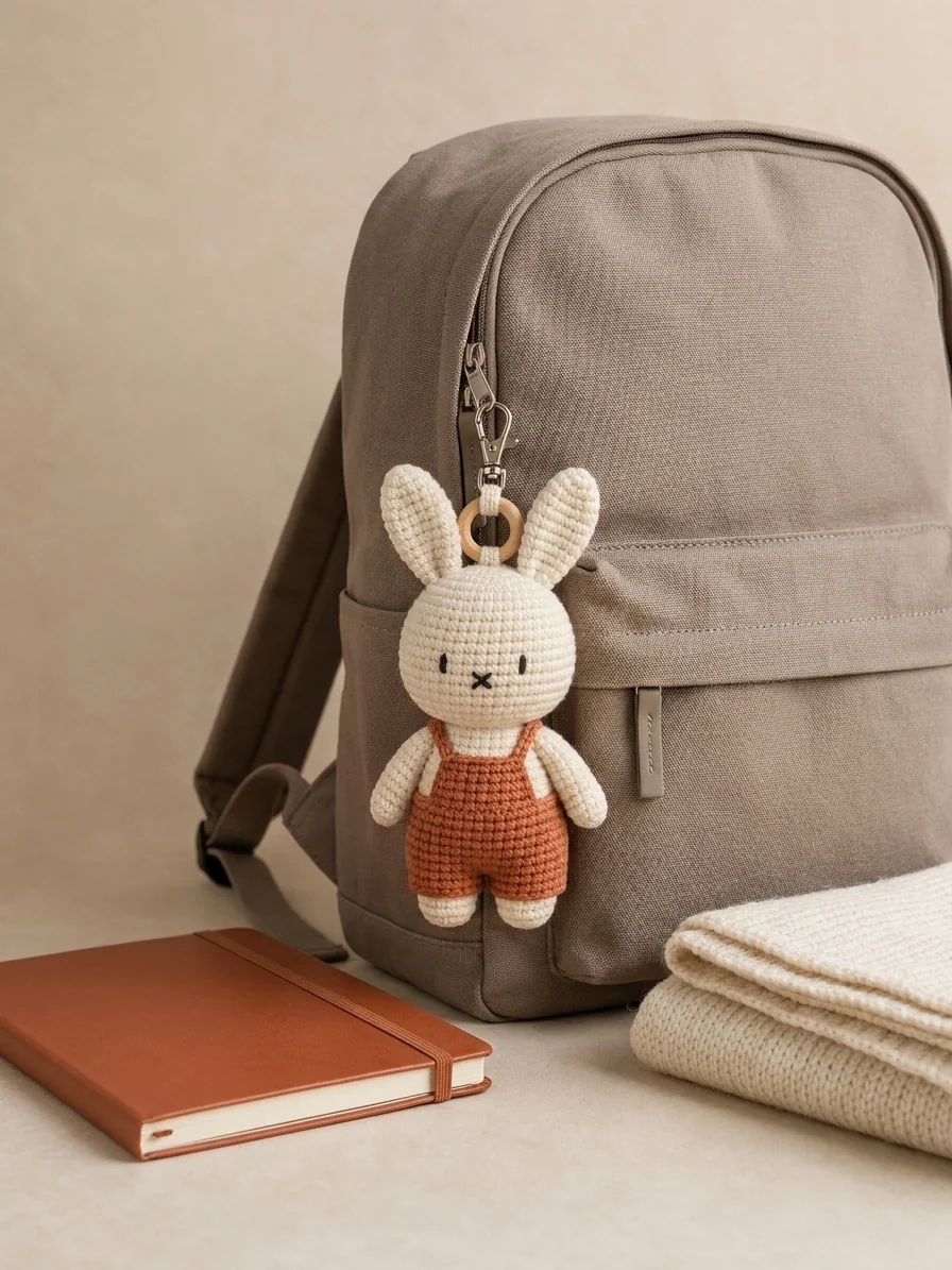 Neutral Backpack + One Bunny Accent with a rust and cream crochet bunny keychain