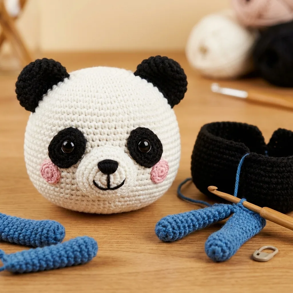 Finished panda head and body pieces in progress