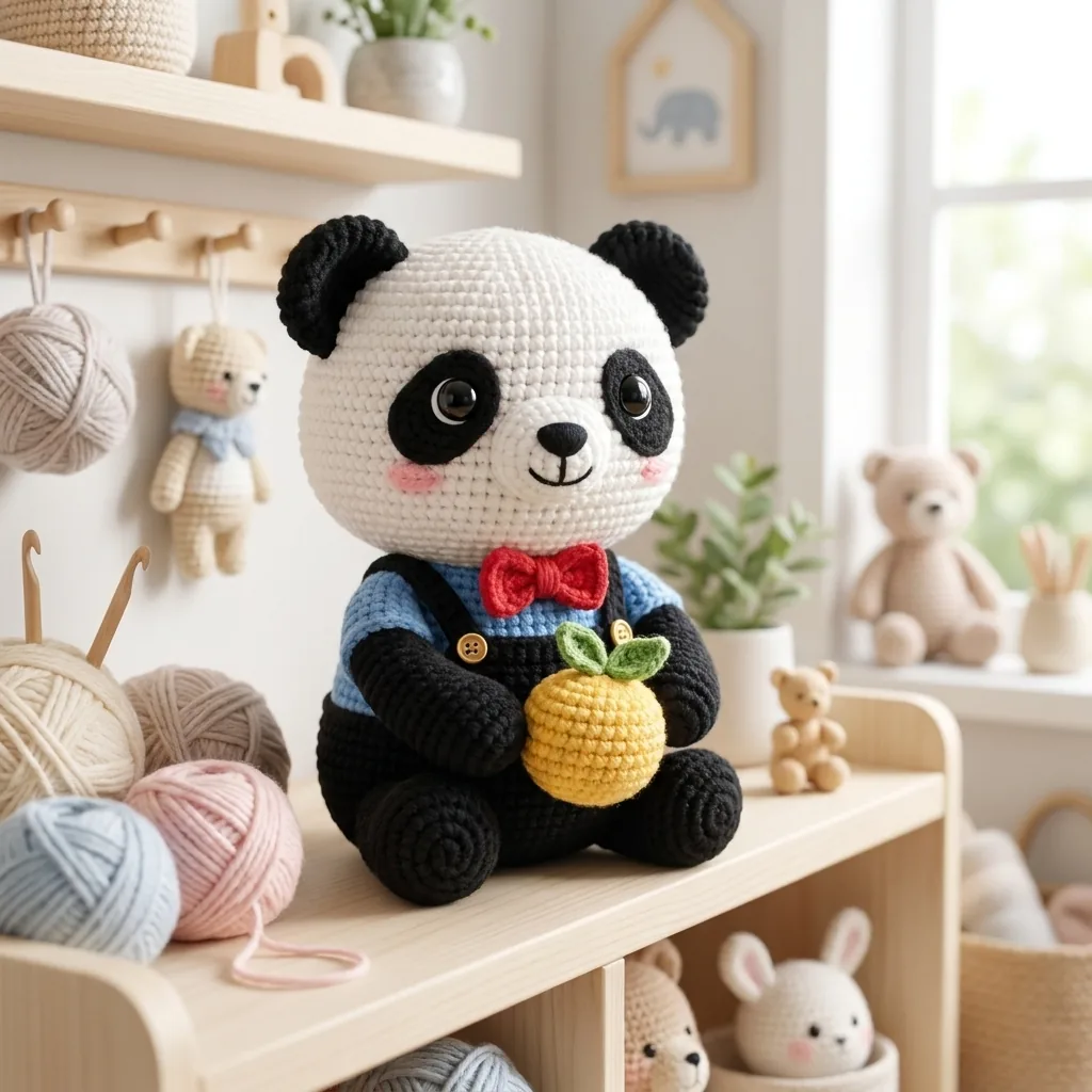 Finished dressed crochet panda holding a yellow fruit