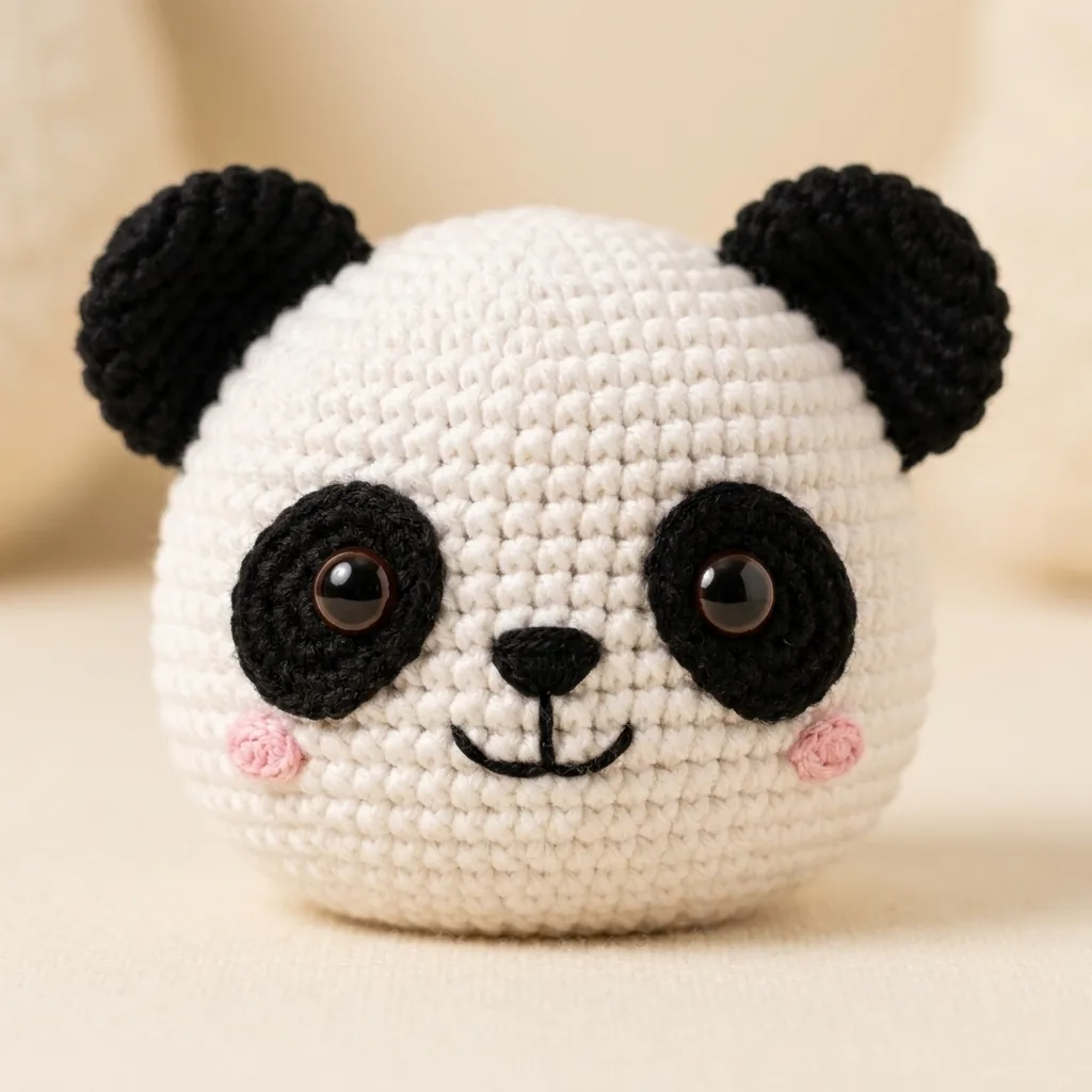 Symmetrical crochet panda face with eye patches and pink cheeks