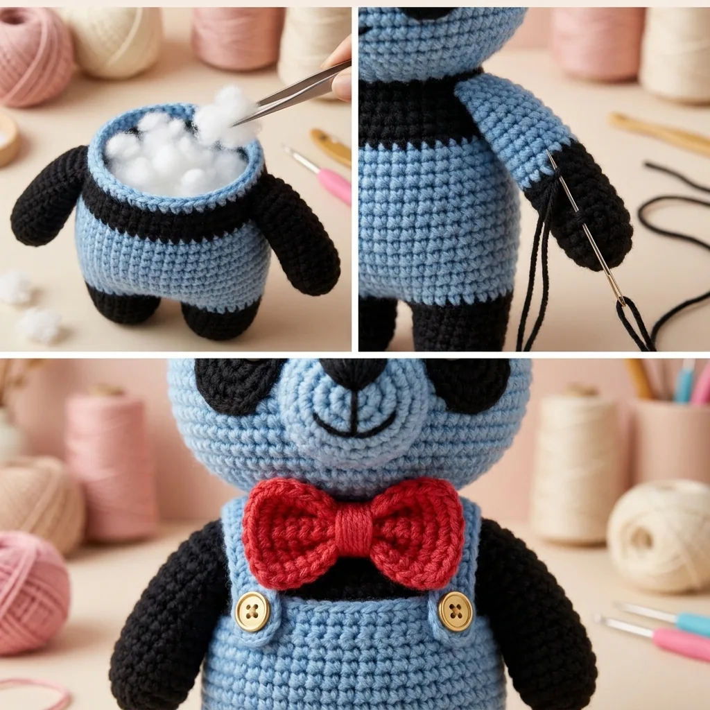 Stuffing sewing and bow tie finishing details for a crochet panda
