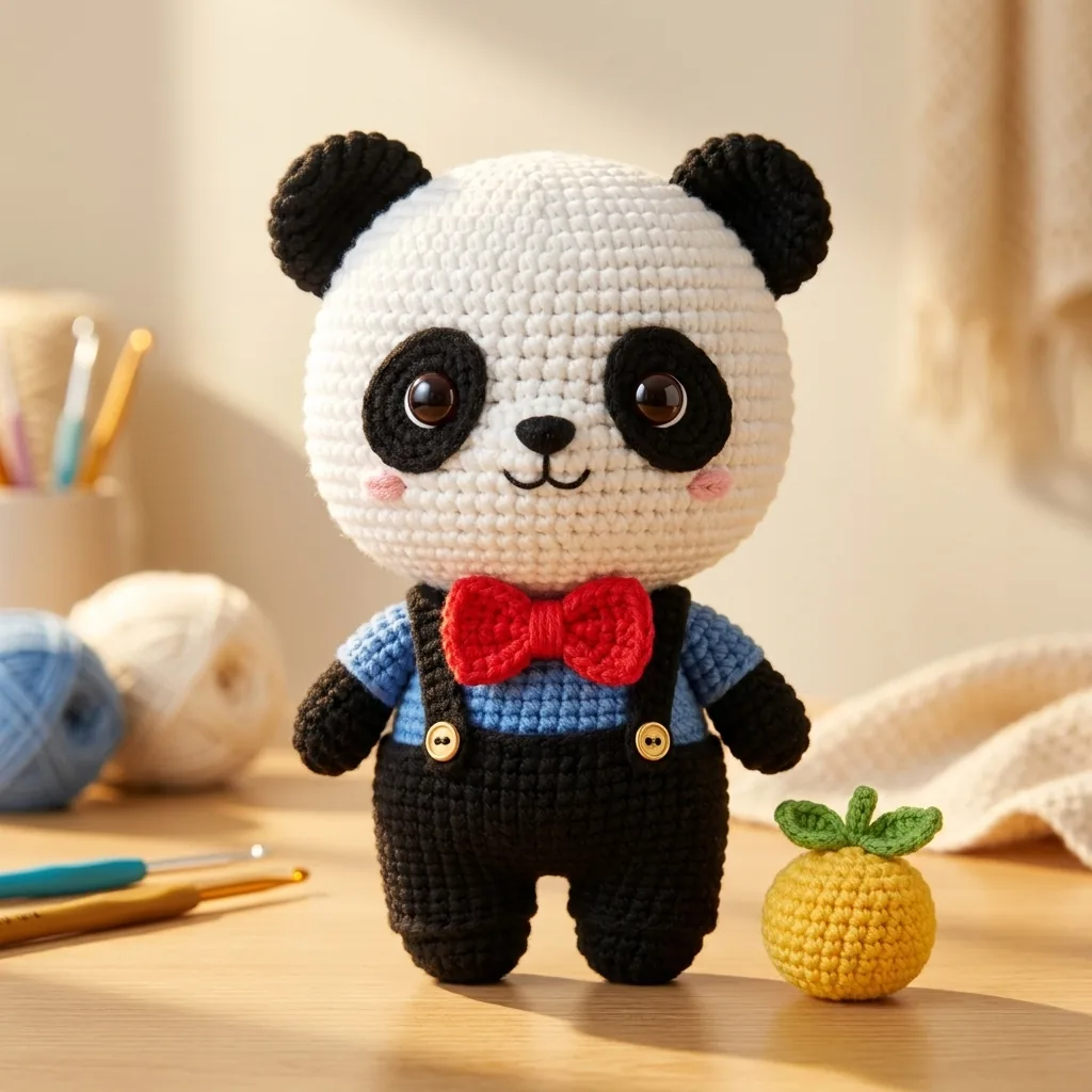 Finished dressed panda made with an amigurumi panda pattern PDF