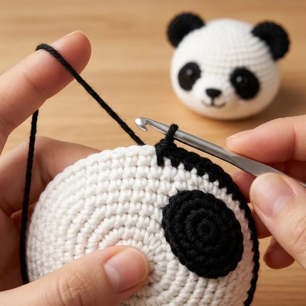 Hands making a clean black and white amigurumi color change
