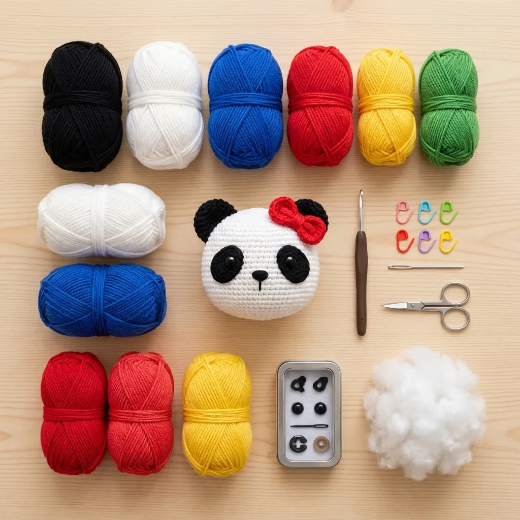 Yarn tools stuffing and panda head arranged for crochet