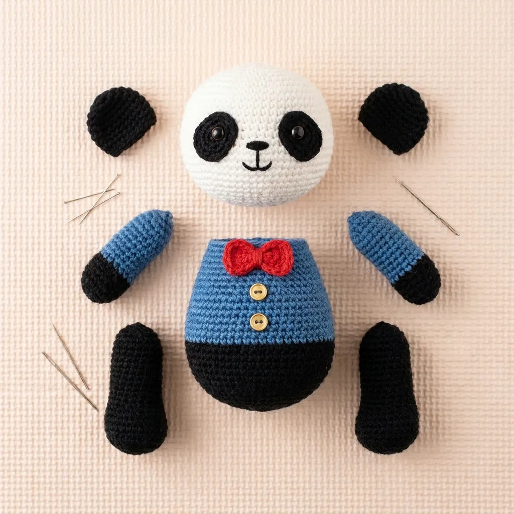 Crochet panda parts arranged before assembly