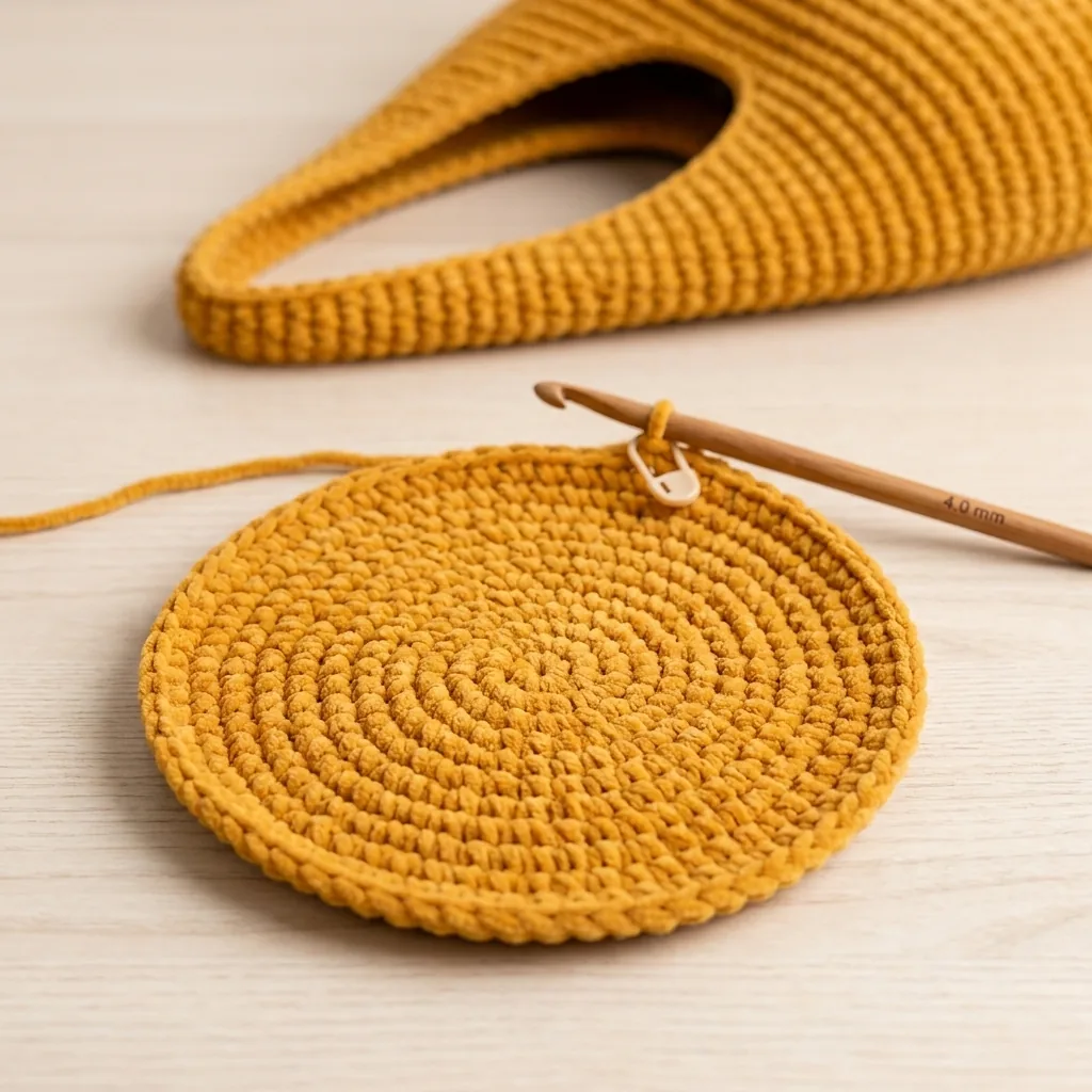 Flat mustard crochet circle for the teardrop bag base