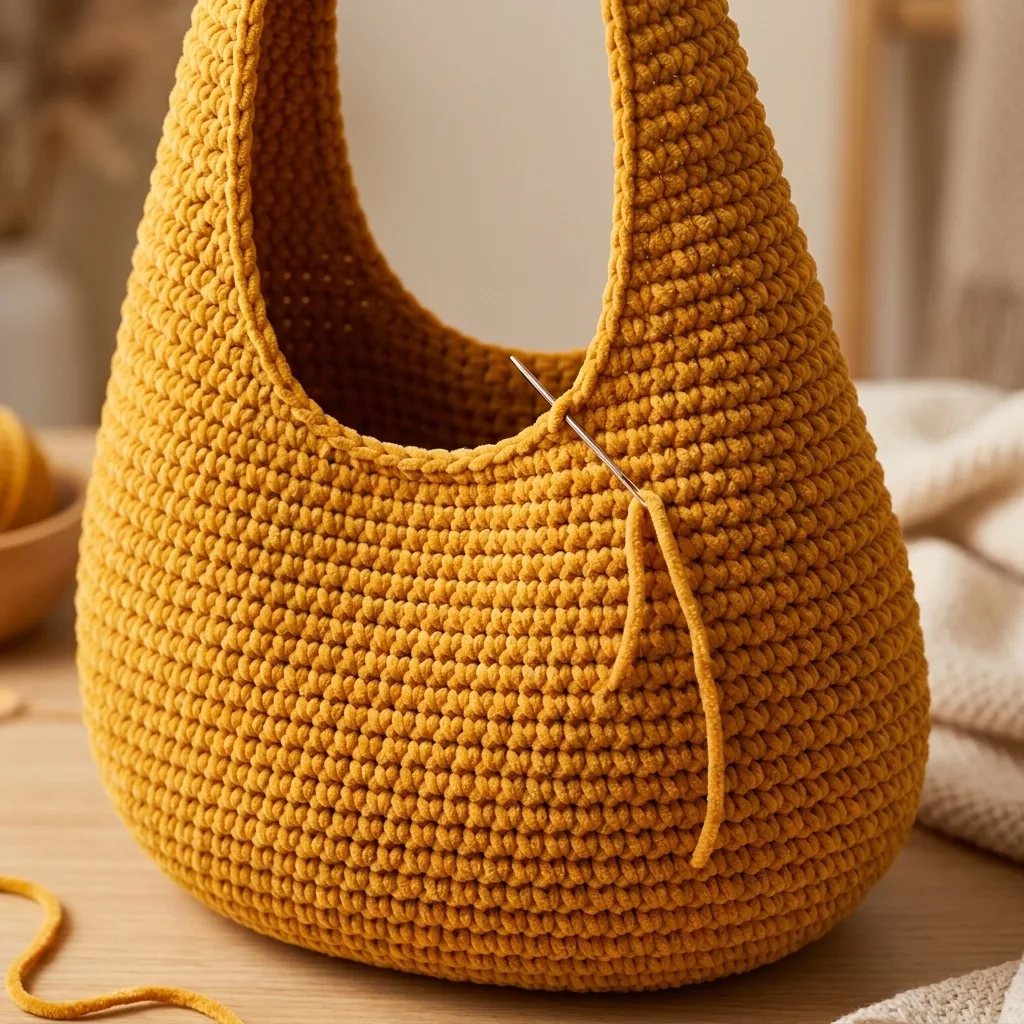 Teardrop crochet bag handle joined with a yarn needle