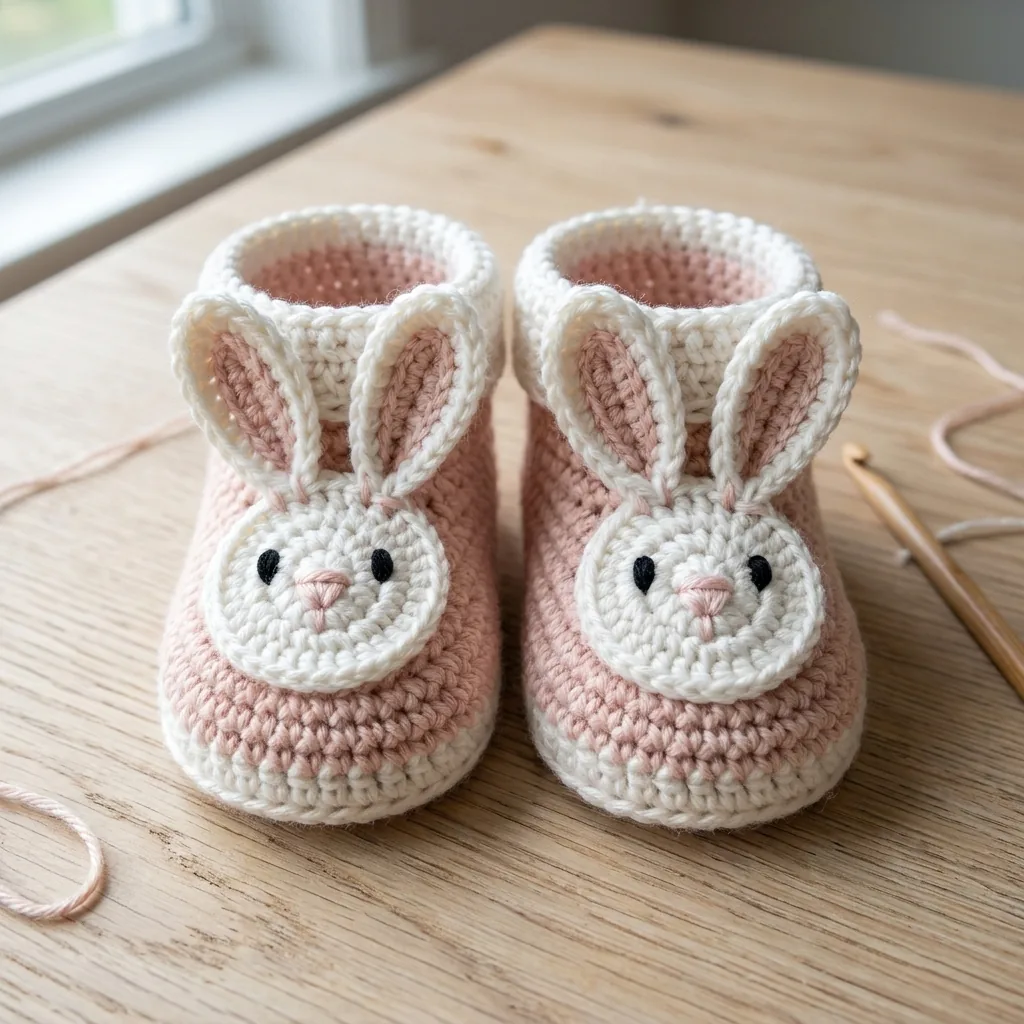 Assembled crochet booties before pompom tails