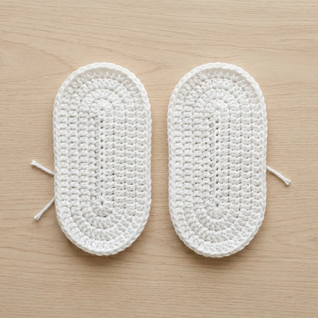 Two completed white crochet soles