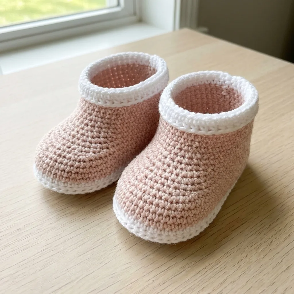 Soft crochet baby bootie shells with white cuffs
