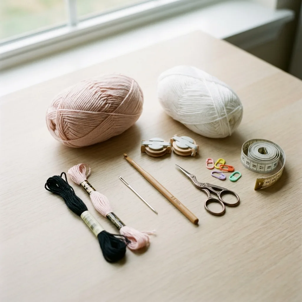 Materials laid out for the pink bunny booties pattern