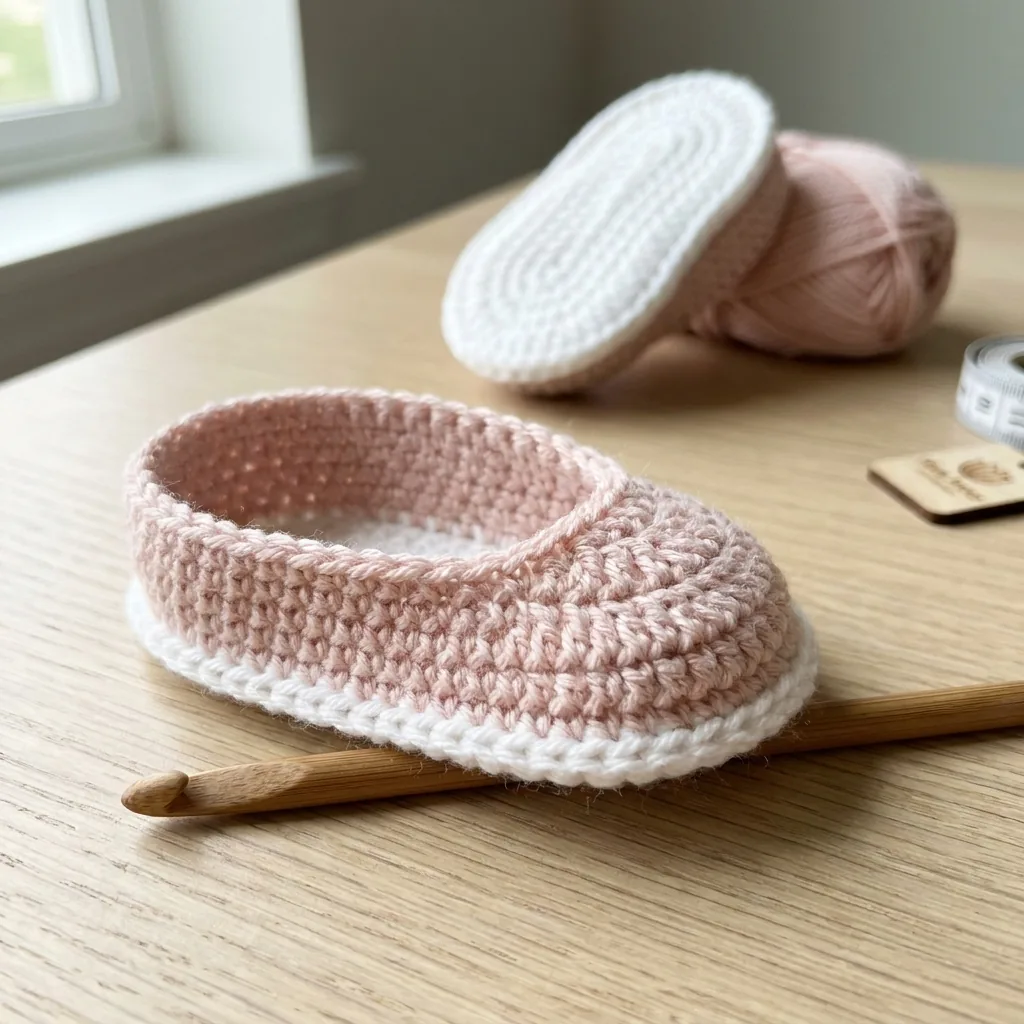 Pink crochet bootie upper under construction