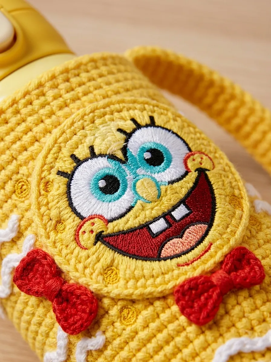 Face appliqué details for the Sunny Sponge crochet bottle holder