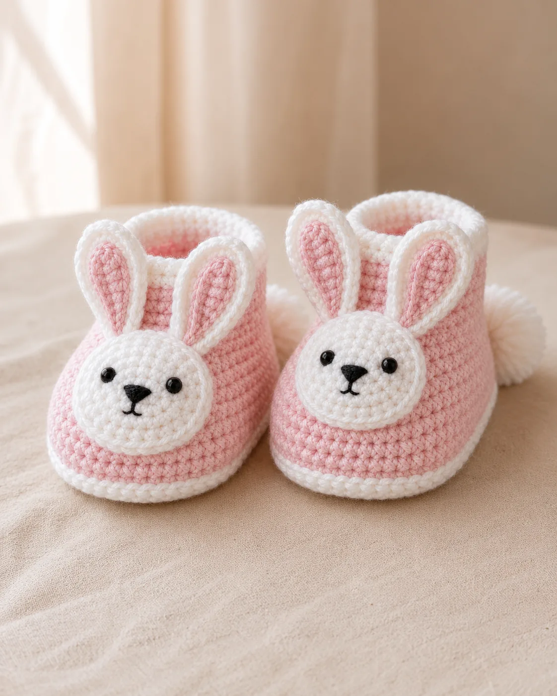 Pink and white crochet bunny baby booties