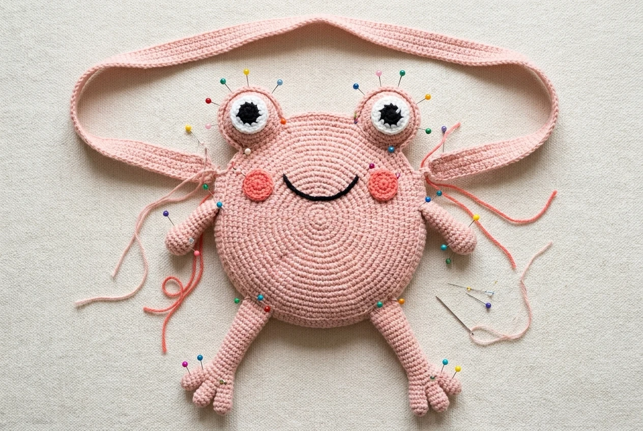 Assembly placement photograph for the pink frog purse crochet pattern with eyes cheeks smile limbs and strap pinned to the body