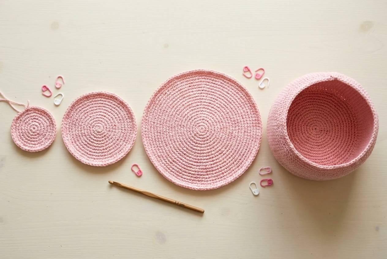 Photographic body progression for the pink frog purse crochet pattern showing flat circles and the deep round pouch
