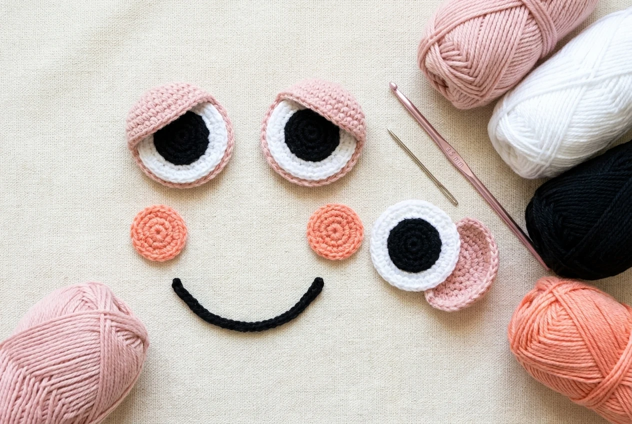 Layered eye cheek and smile pieces for the pink frog purse crochet pattern arranged before sewing