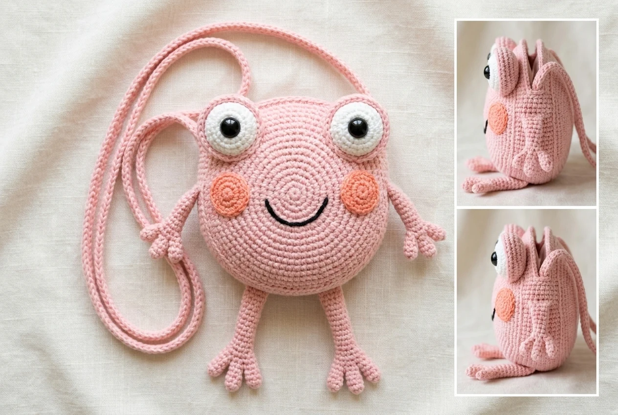 Completed soft pastel-pink pink frog purse crochet pattern showing the round body depth face limbs and long strap