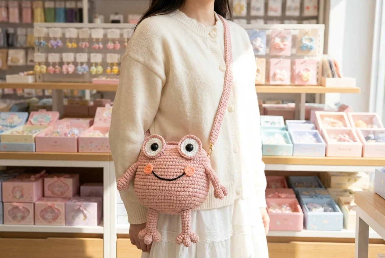 Finished soft pastel-pink pink frog purse crochet pattern worn as a practical handmade accessory