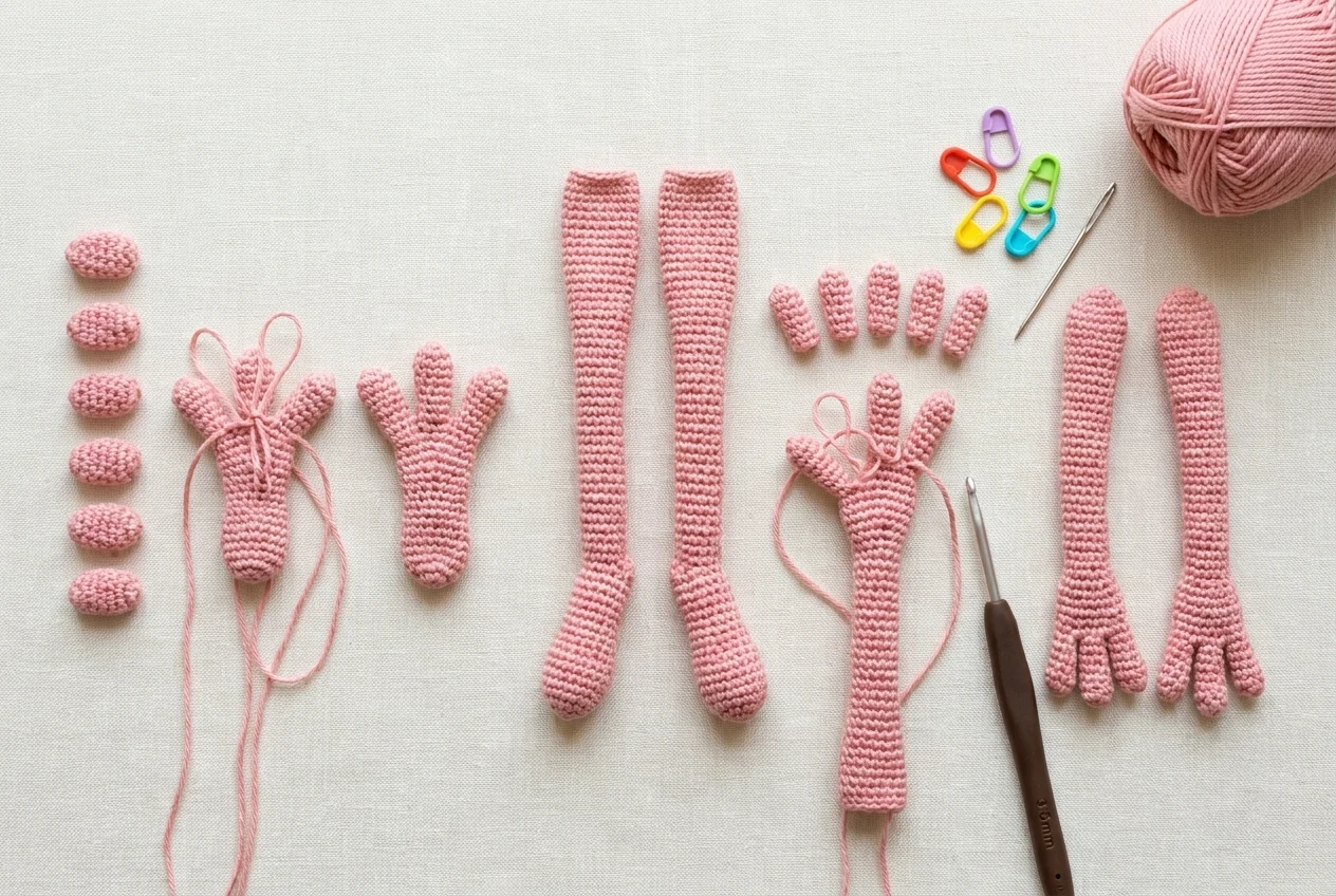 Realistic limb sequence for the pink frog purse crochet pattern showing individual toes joined feet fingers hands and long limbs