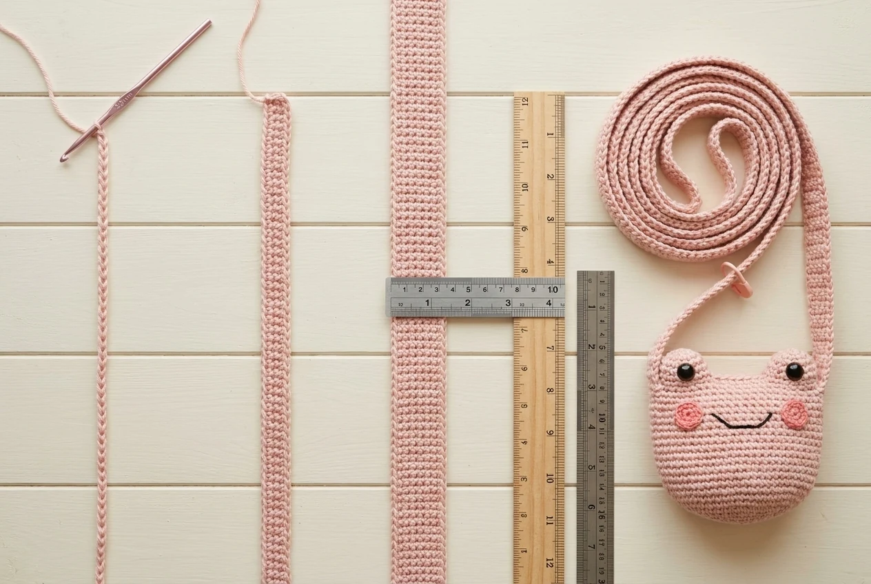 Crocheted strap stages for the pink frog purse crochet pattern from foundation chain to the finished long band