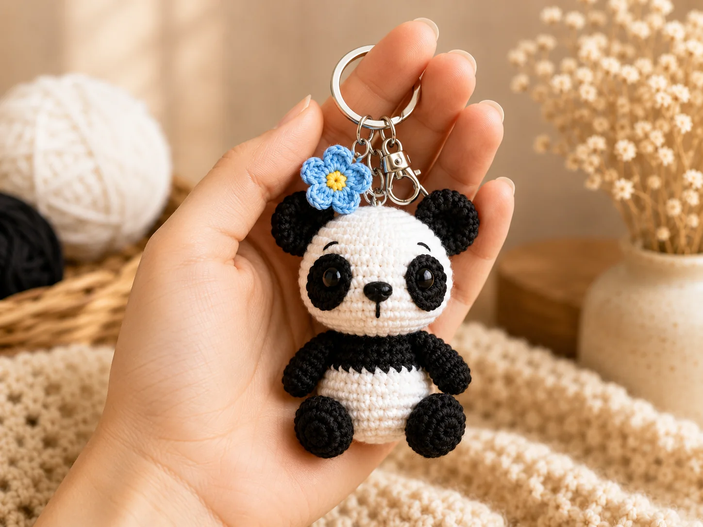 Pocket Panda amigurumi keychain with blue flower charm