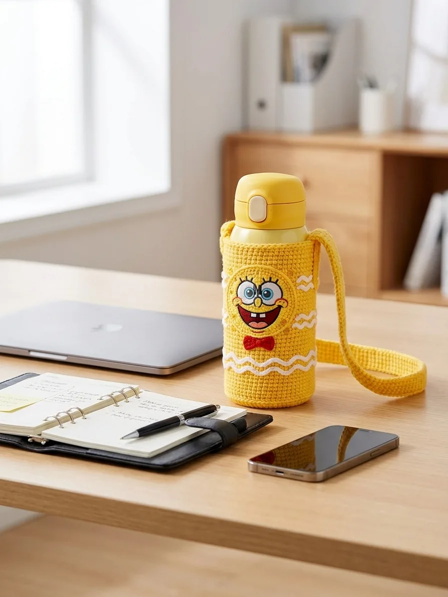 Desk and work use for the Sunny Sponge crochet bottle holder