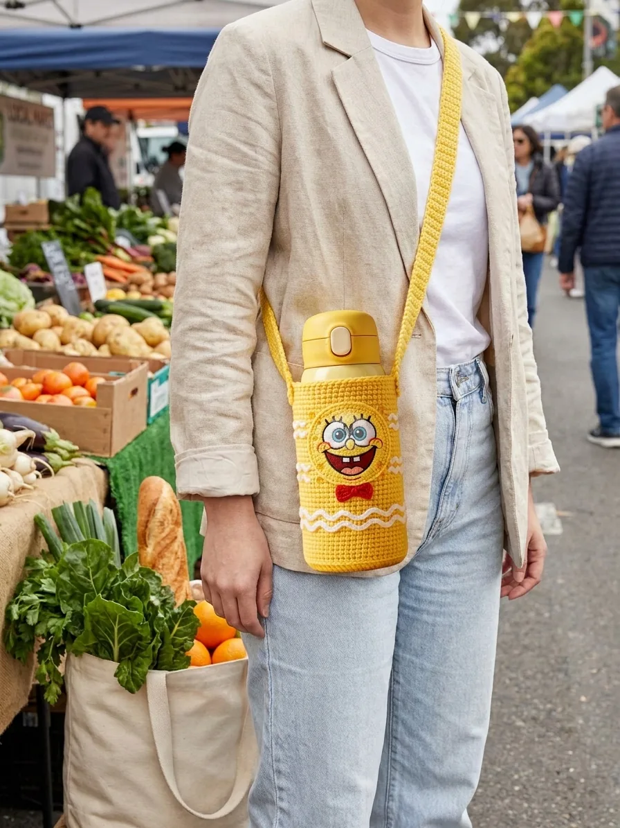 Walking and errands for the Sunny Sponge crochet bottle holder