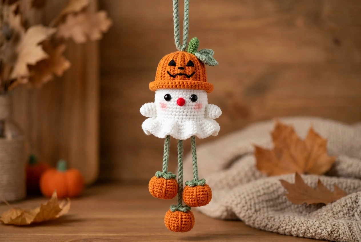 Pumpkin step 3 finished crochet car hanger