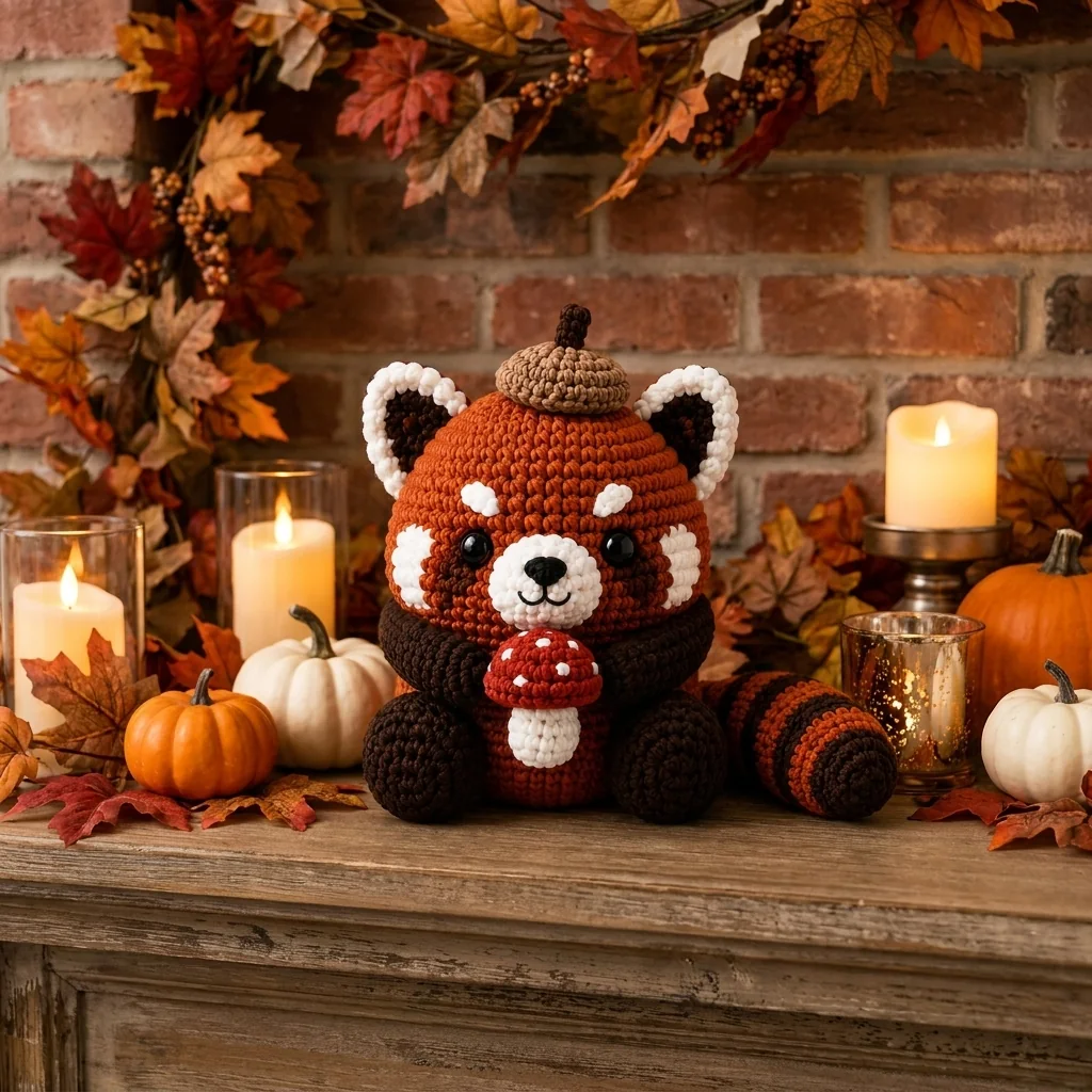 decorate with crochet red panda amigurumi: Create an autumn mantel focal point