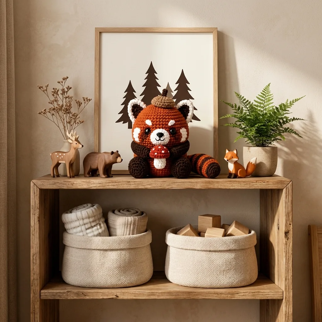 decorate with crochet red panda amigurumi: Style a woodland nursery shelf