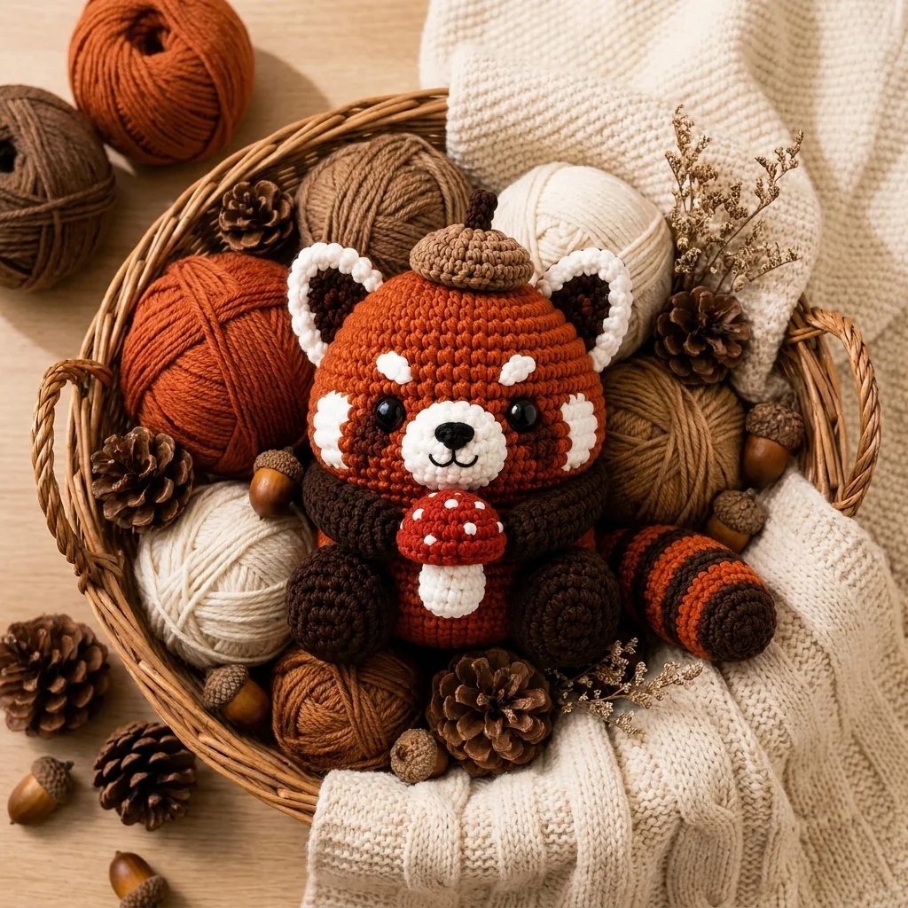 decorate with crochet red panda amigurumi: Fill a seasonal woodland basket