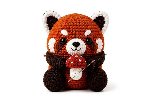 crochet red panda mushroom pattern step 16: Attach ears, arms, and mushroom