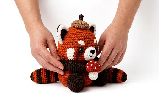 crochet red panda mushroom pattern step 17: Attach tail, hat, and finish