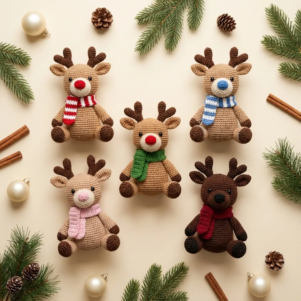 Five finished crochet reindeer in classic blue green pastel and chocolate color schemes