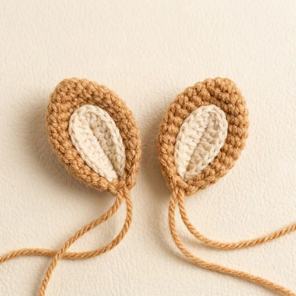 Two light-brown crochet ears with cream inner pieces