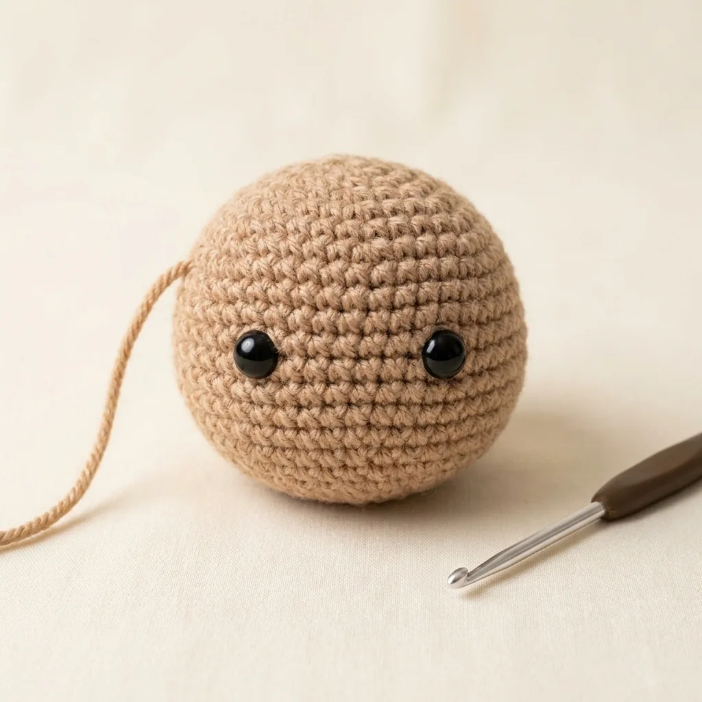 Light-brown crochet reindeer head with safety eyes